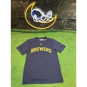 Majestic Evolution Tee CoolBase Milwaukee Brewers Short Sleeve Blue Shirt Mens M